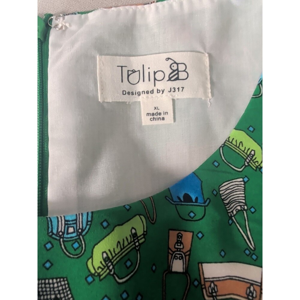 Tulip B Fit Flare Mini Dress XL Green Pockets Novelty Print NWT Summer Retro - Picture 8 of 13
